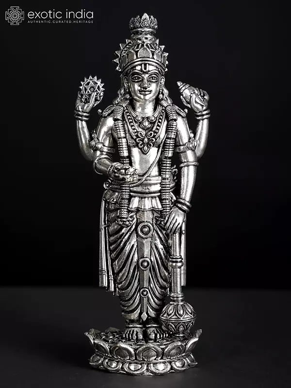7" Superfine Four-Armed Lord Vishnu Idol Standing on Lotus | Silver Plated Brass Statue