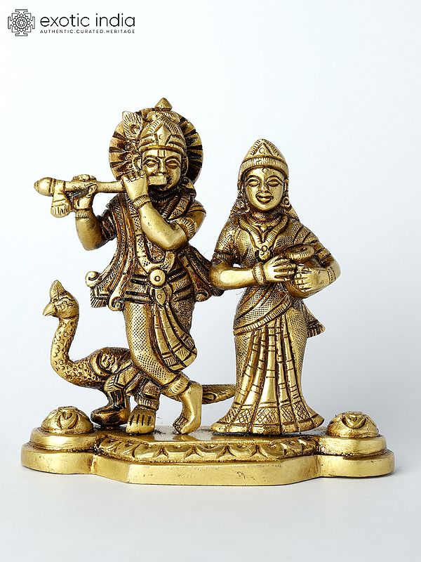4" Small Radha-Krishna Brass Statue with Peacock