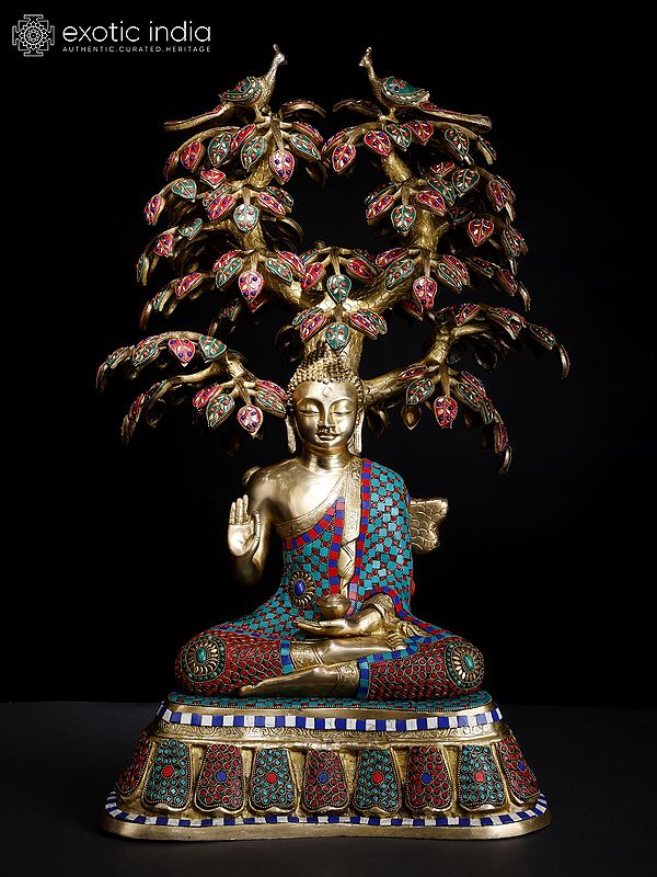 31" Large Size Lord Buddha Seated Under The Bodhi Tree | Brass Statue with Inlay Work