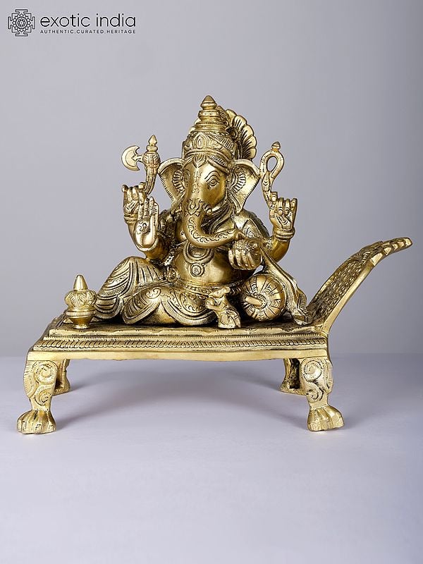 10" Four Armed Relaxing Lord Ganesha | Brass Statue