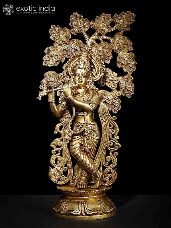 23" Lord Krishna Idol Playing Flute Under the Tree | Brass Statue for Decor