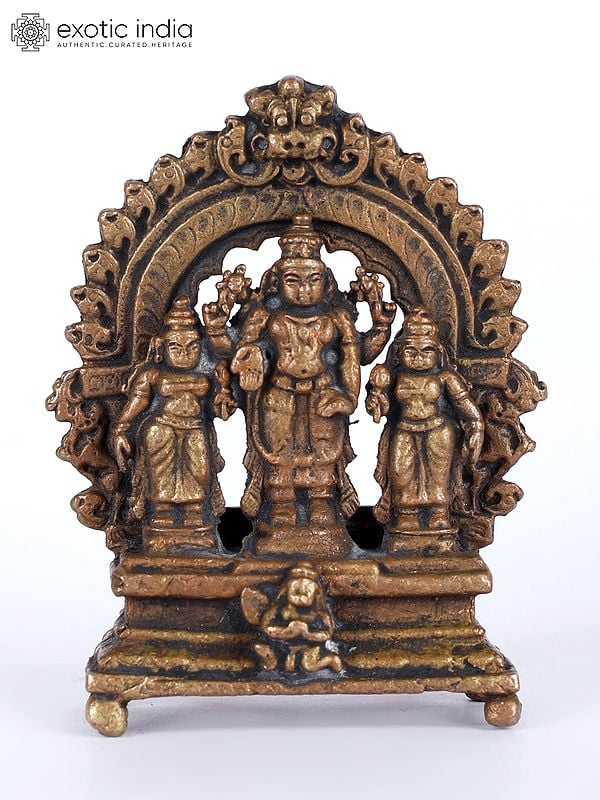 2" Small Lord Vishnu Copper Statue with Sridevi and Bhudevi
