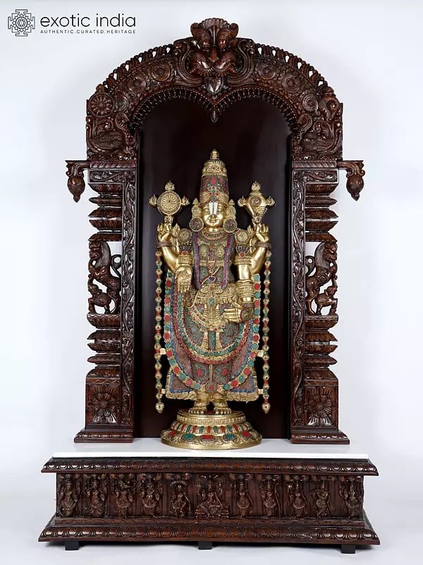 78" Large Designer Wooden Temple with Tirupati Balaji Brass Statue with Inlay Work