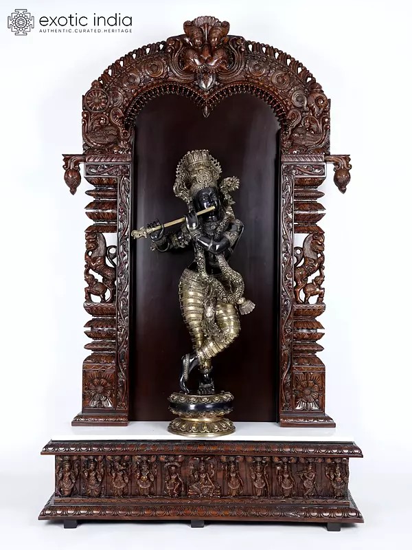 78" Large Designer Wooden Temple with Superfine Lord Krishna Statue in Brass