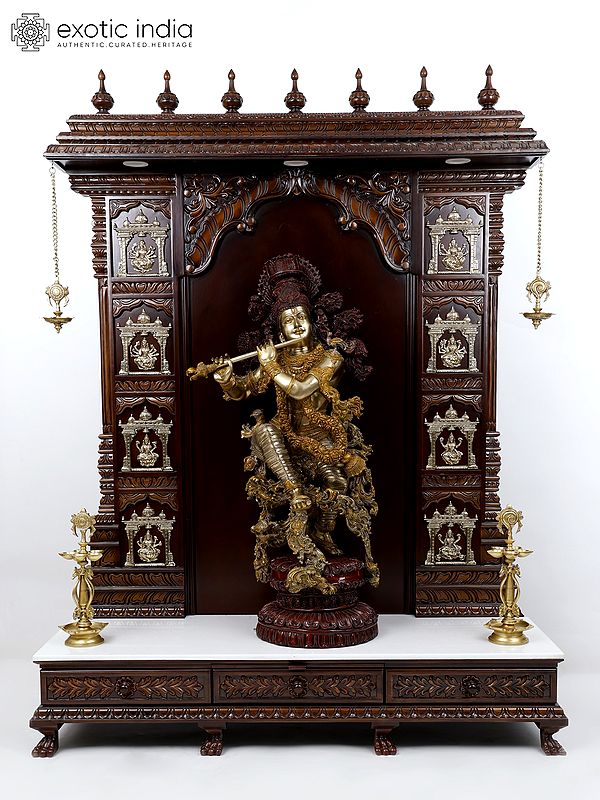 74" Large Ashtalakshmi Designer Temple with Superfine Fluting Krishna Statue in Brass