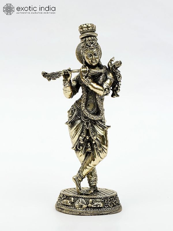 6" Small Fluting Lord Krishna Fine Brass Statue