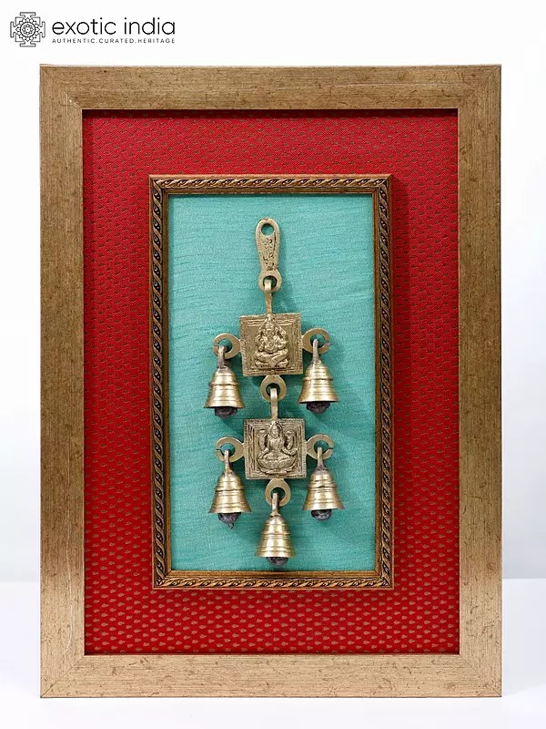 18" Wood Framed Lakshmi Ganesha Bells in Brass | Wood Framed | Wall Hanging