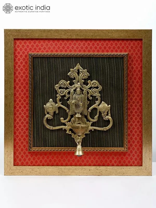 19" Tirupati Balaji (Venkateshvara) Lamp with Bell | Wood Framed | Wall Hanging