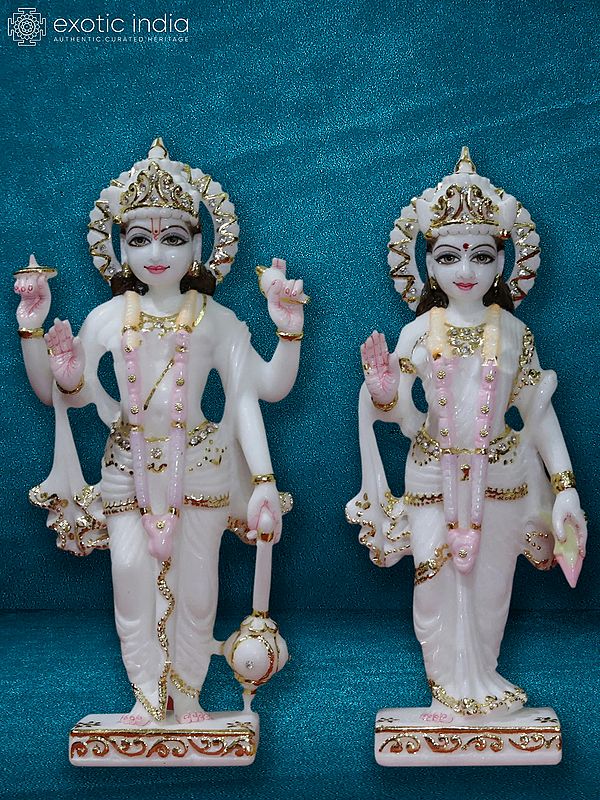 12" Chaturbhuj Lord Vishnu With Lakshmi | White Makrana Marble Sculpture