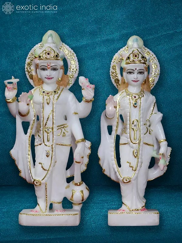 12" Standing Lord Vishnu And Goddess Lakshmi | White Makrana Marble Idol