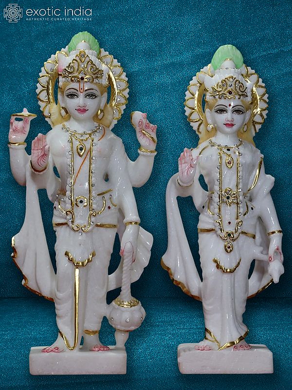 15" Lord Vishnu And Goddess Lakshmi Standing On Stone Base | White Makrana Marble Sculpture