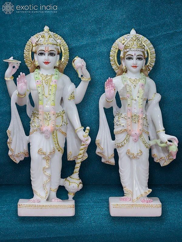 16" Blessing Pose Lakshmi And Lord Vishnu Holding Mace | White Makrana Marble Figutine