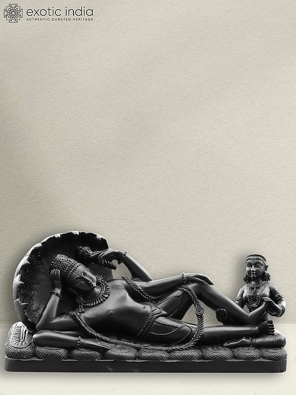 18" Relaxing Lord Vishnu On Sheshnag With Lakshmi | Black Marble Statue