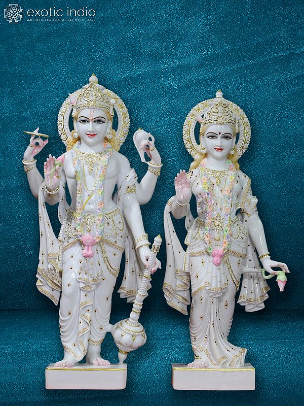 39" Divine Statue Of Lord Vishnu And Goddess Lakshmi | White Makrana Marble Idol