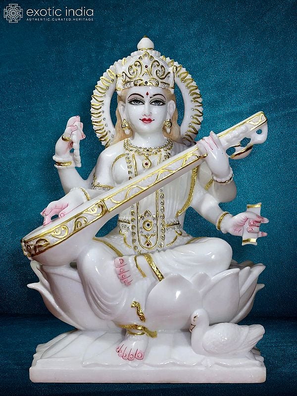 18" Goddess Saraswati With Attractive Crown | Super White Makrana Marble Statue