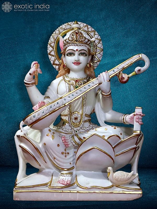 18" Handmade Statue Of Goddess Saraswati | White Makrana Marble Sculpture