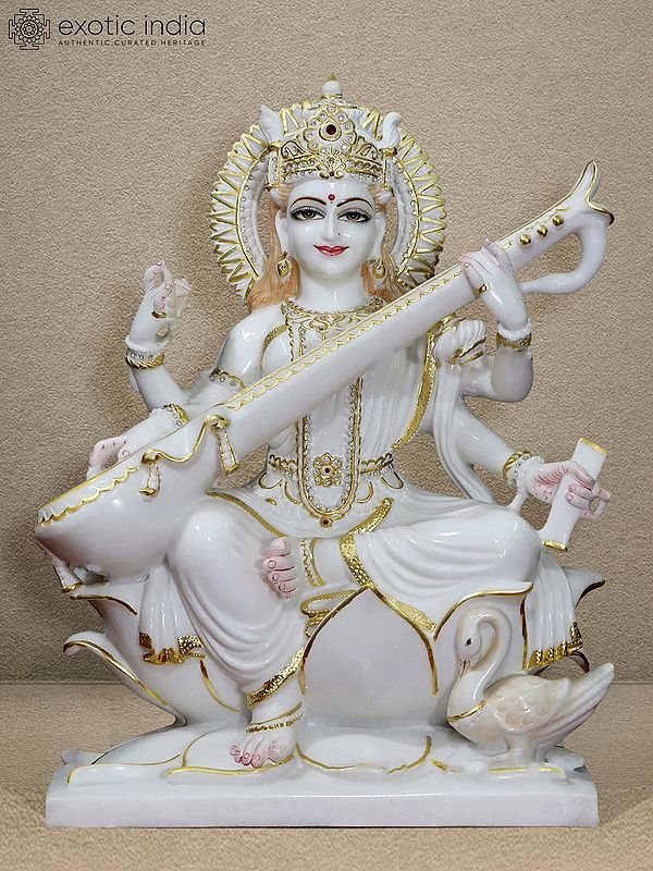 24" Veena - Vadini Goddess Seated On Lotus | Super White Vietnam Marble Statue