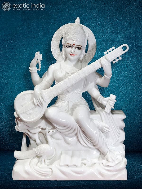 36" Divine Statue Of Saraswati For Temple | Super White Vietnam Marble Statue