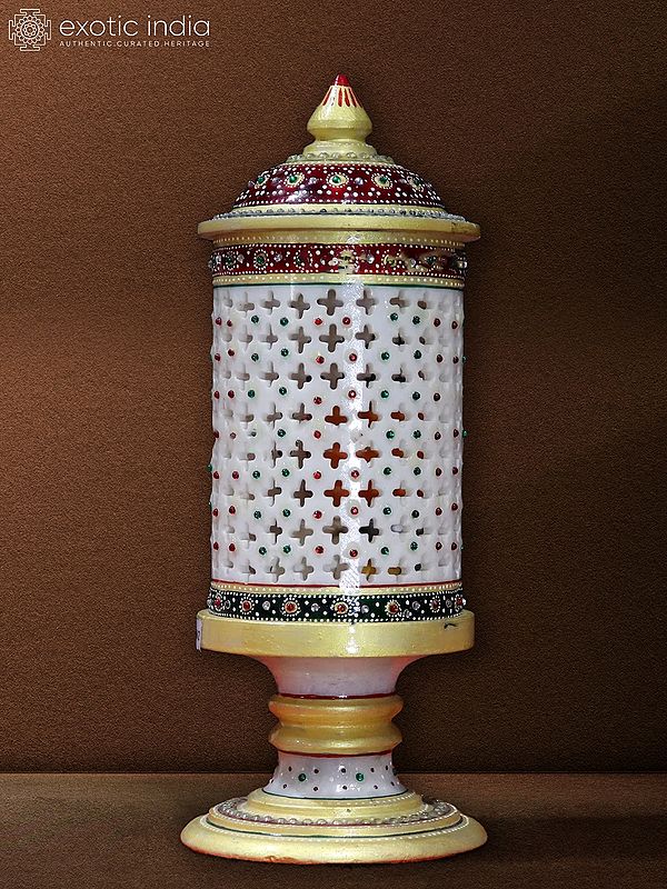 11” Antique Rajasthani Marble Lantern Lamps | White Marble