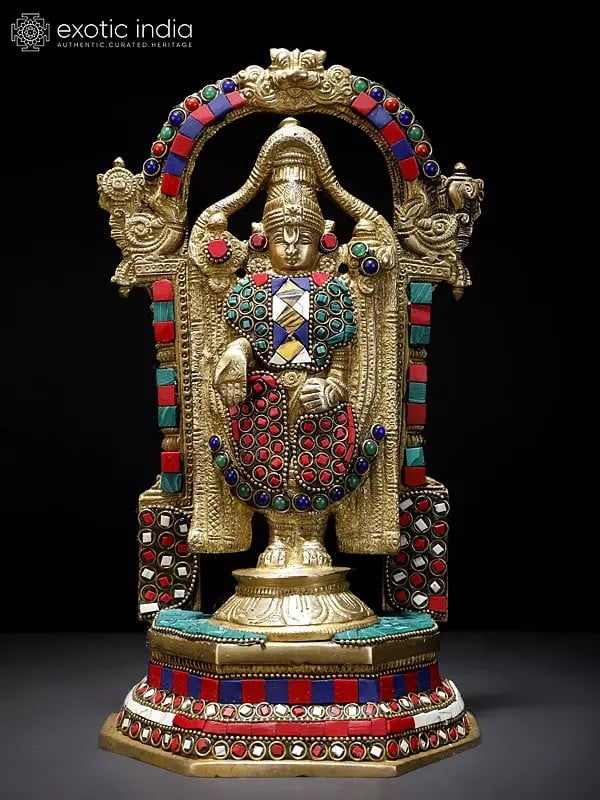 11" Lord Tirupati Balaji (Venkateshvara) Standing on Kirtimukha Throne | Brass Statue with Inlay Work