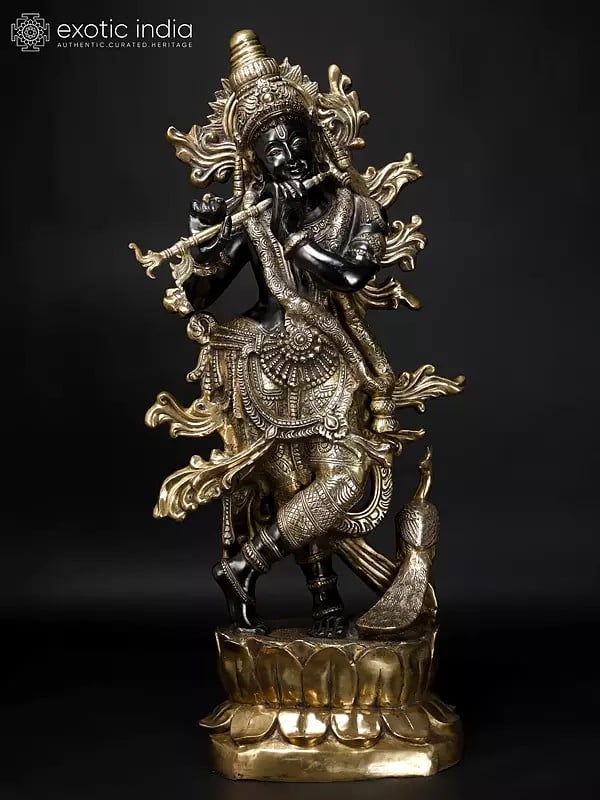 Krishna’s Inimitable Magnificence (Large Murli Manohar Lord Krishna Brass Statue Standing on Lotus with Peacock)