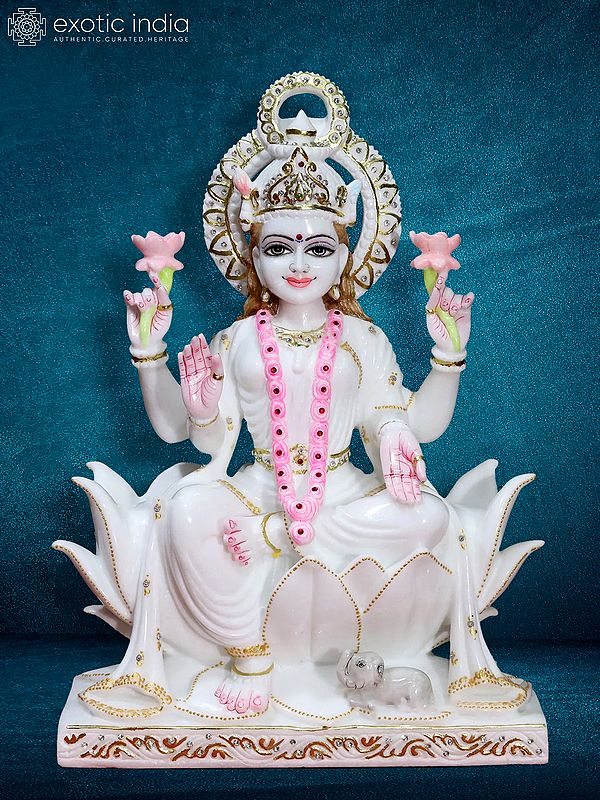 18" Goddess Lakshmi Seated On Lotus | super white makrana marble
