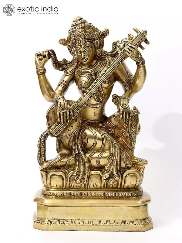 10" Veenavadini: Saraswati Playing Veena Brass Statue