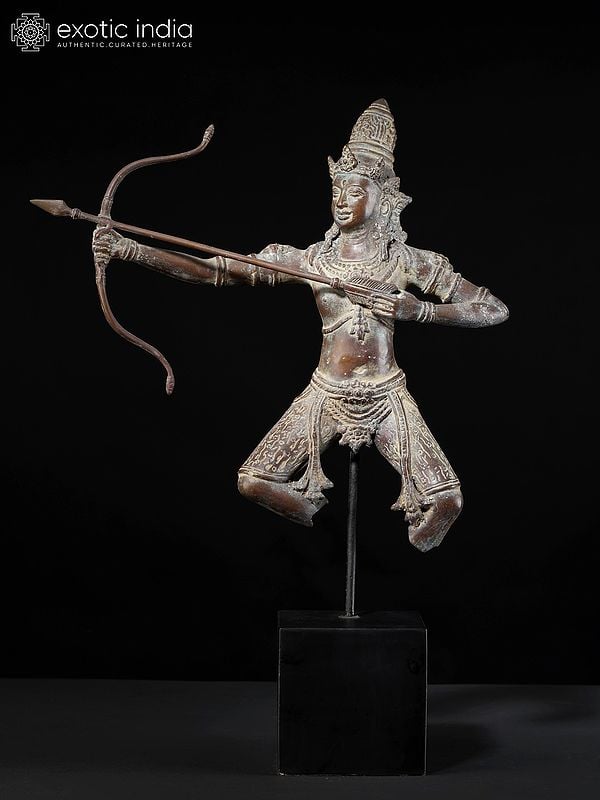 Arjuna- The Legendary Archer (Brass Sculpture on Wood Stand)
