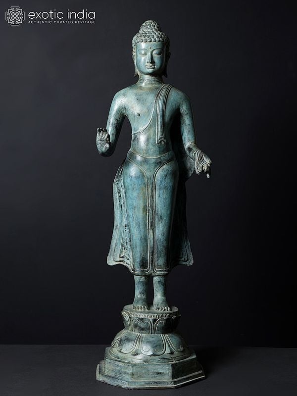 A Silent Sermon (Large Standing Lord Buddha in Abhay and Varada Mudra | Brass Statue from Indonesia