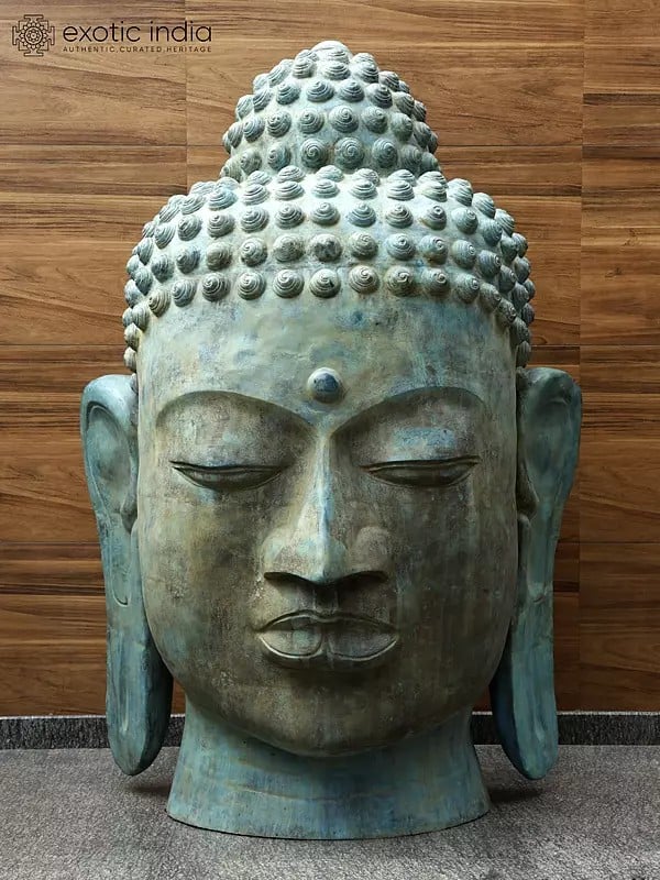 80" Super Large Size Meditating Buddha Head with Dried Snails & Third Eye | Brass Sculpture from Indonesia | Shipped by Sea Overseas