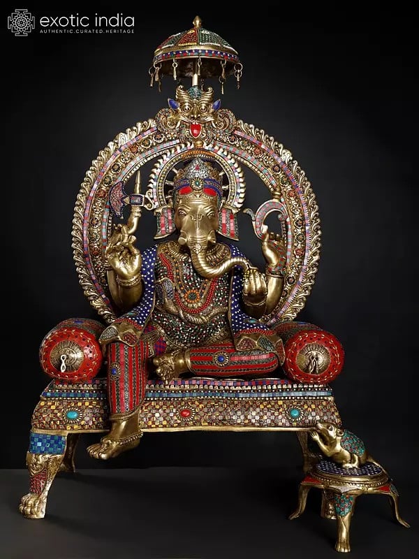 46" Large Colorful Lord Ganapati Seated on Kirtimukha Throne | Brass Statue with Inlay Work