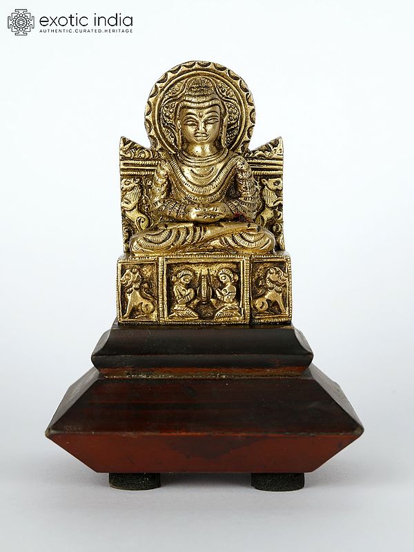 4" Small Brass Lord Buddha Seated in Dhyan Mudra on Wood Base