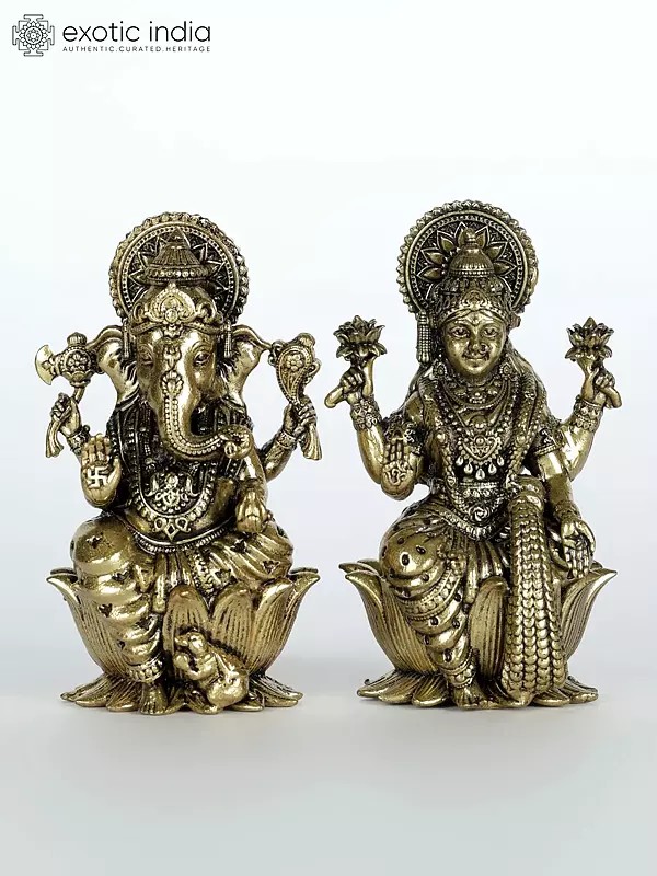 2" Small Superfine Pair of Ganesha Lakshmi | Brass Statues