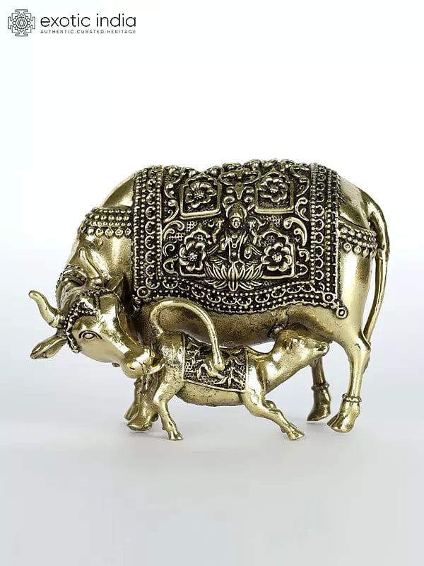 4" Small Superfine Cow and Calf with Goddess Lakshmi and Ganesha Carving | Brass Statue