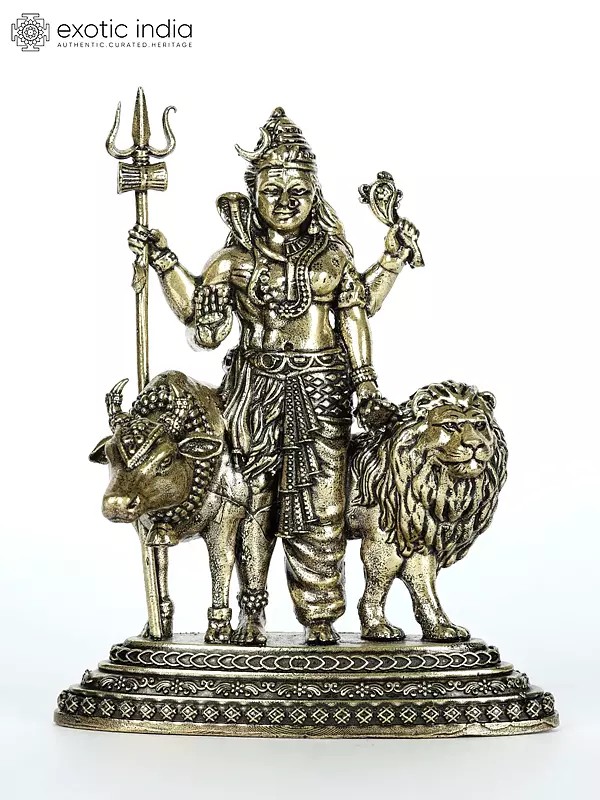 Small Superfine Ardhanarishvara Idol with Nandi and Lion | Shiva-Shakti Brass Statue
