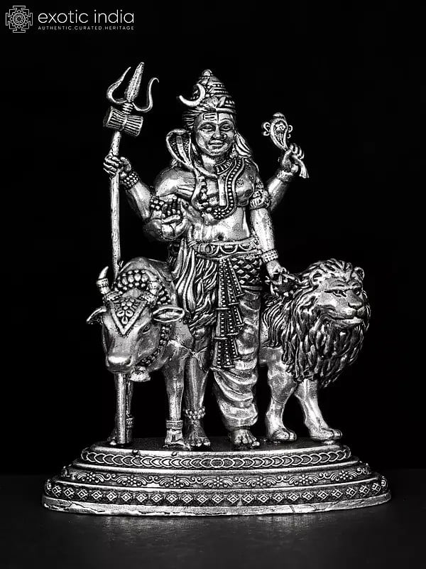 Small Superfine Ardhanarishvara Idol with Nandi and Lion | Shiva-Shakti Brass Statue