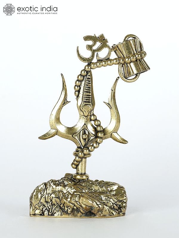 4" Small Superfine Stylized Trishul with Damru and Om | Brass Statue