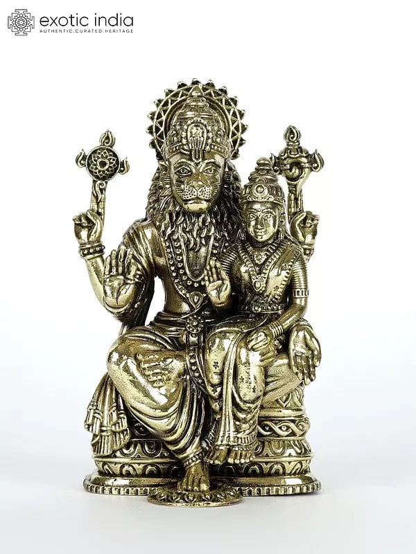 4" Small Superfine Sitting Lord Narasimha with Devi Lakshmi Brass Statue