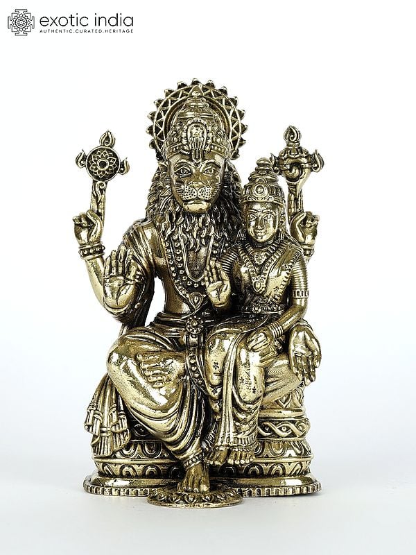 4" Small Superfine Sitting Lord Narasimha with Devi Lakshmi | Brass Statue