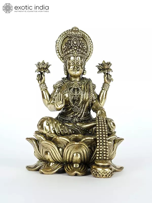 Small Superfine Blessing Goddess Lakshmi Seated on Lotus | Spiritual Brass Statue for Home Temple