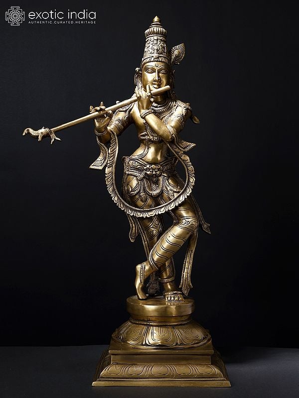 28" Fluting Krishna | Brass Statue