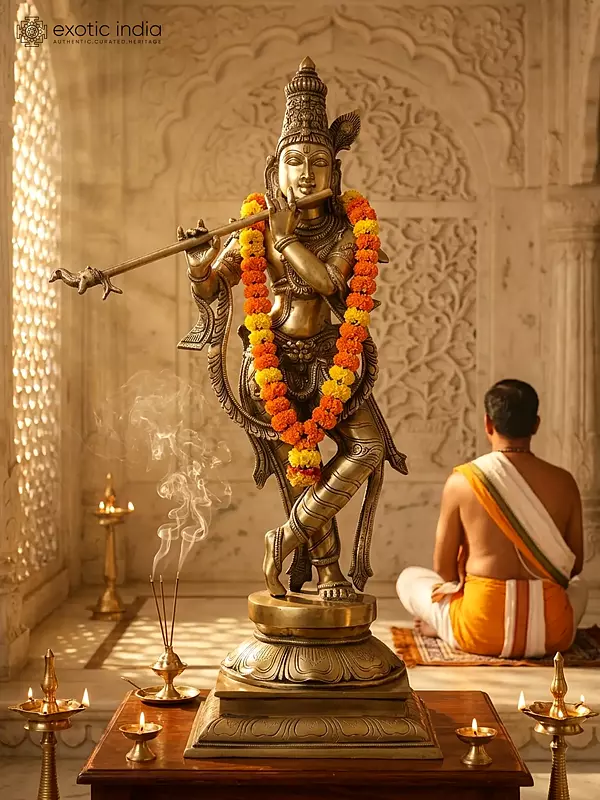 28" Fluting Krishna | Brass Statue
