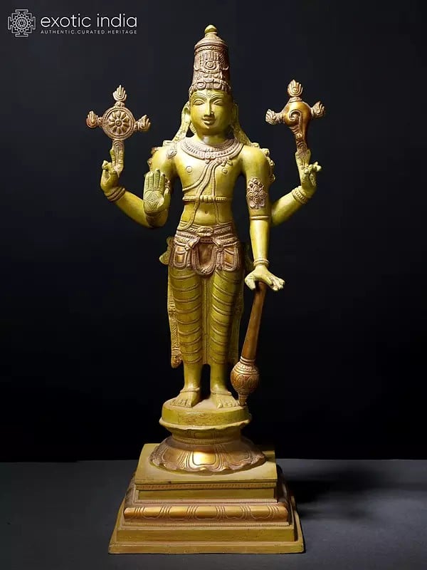 19" Four-Armed Blessing Lord Vishnu Brass Statue | Hindu God Figurine