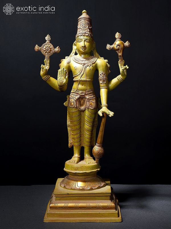 19" Four Armed Blessing Lord Vishnu | Brass Statue