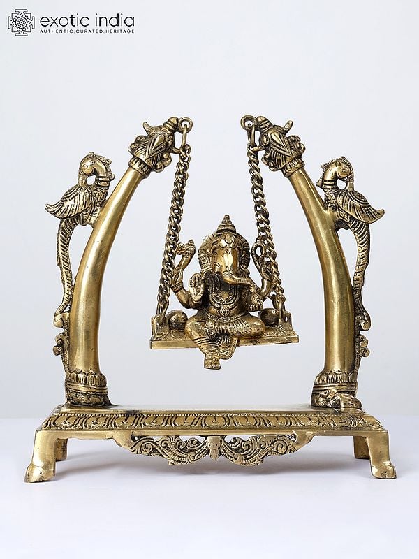 9" Blessing Lord Ganesha on Parrots Design Swing | Brass Statue