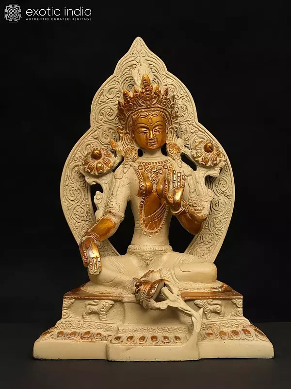 9" Goddess Green Tara Seated on Throne | Brass Statue