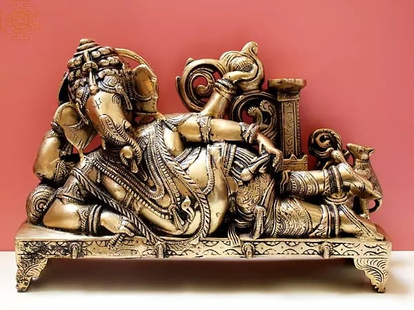 14" Reclining Ganesha with Lamp (Diya) In Brass | Handmade | Made in India