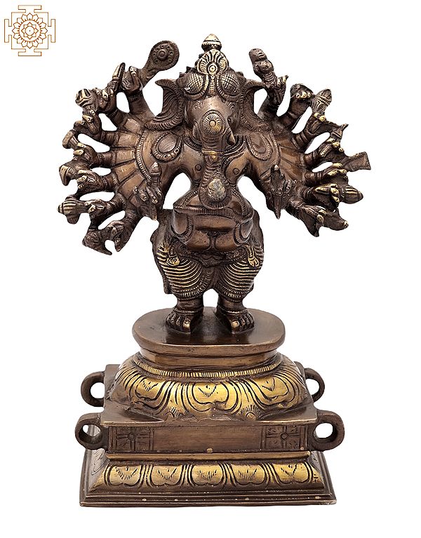 8" Sixteen-Armed Vira-Ganesha in Brass | Handmade | Made In India