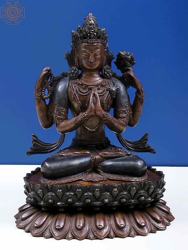 8" Four Armed Chenrezig Statue Seated on Superfine Pedestal