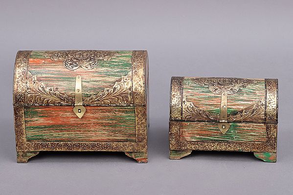 11" Set of 2 Decorated Boxes | Wood with Brass Boxes | Handmade | Made in India